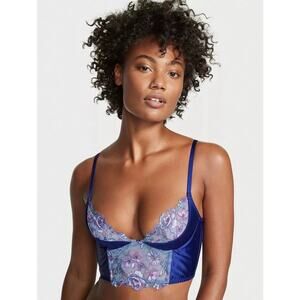 Victoria’s Secret 38D Hummingbird Quarter Cup Corset Bra Blue Embroidered Lace